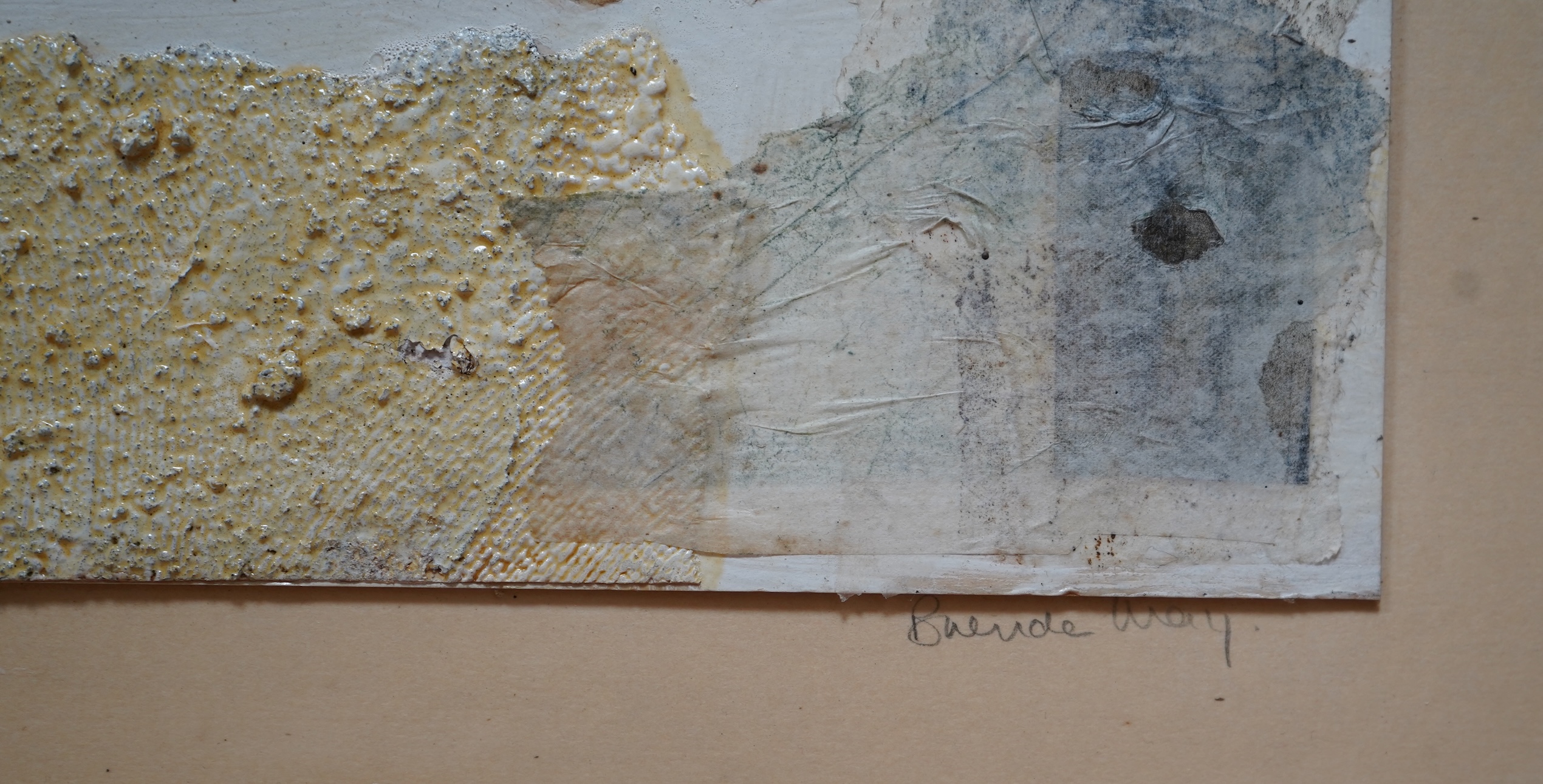 Brenda May (Modern British), a collection of three collages to include ‘On the Edge of Memory’, each signed and a collagraph print titled ‘Coastal Line, signed in pencil, largest 21 x 49cm